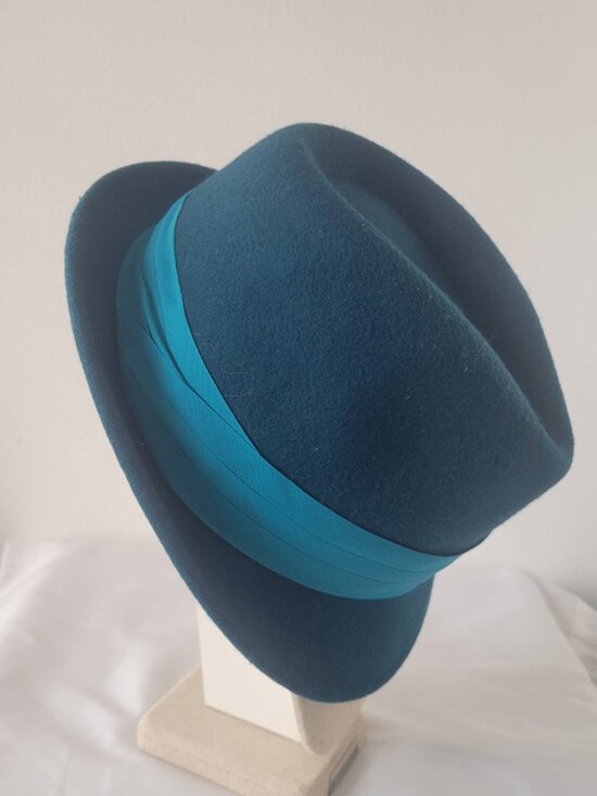 Apt 9 Teal Felt Velour Asymmetrical Fedora Hat with Contrasting Ribbon Band main image 4